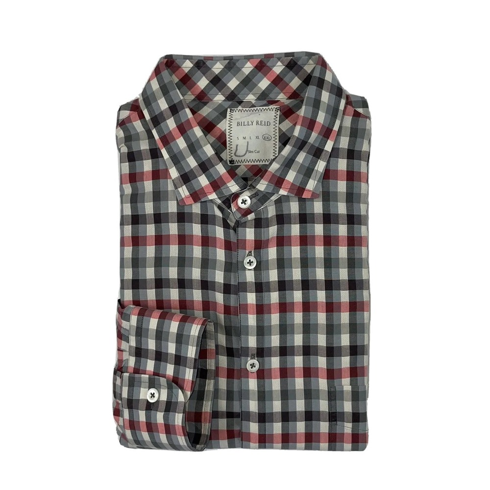 Billy Reid Mens Gray Red Checked Cotton Button Front Shirt Size 2XL Slim Cut